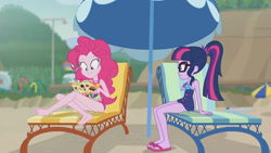 Size: 3410x1920 | Tagged: safe, screencap, pinkie pie, sci-twi, twilight sparkle, equestria girls, friendship math, g4, my little pony equestria girls: better together, bare shoulders, barefoot, beach, beach chair, book, chair, clothes, feet, female, geode of sugar bombs, geode of telekinesis, glasses, high res, jewelry, magazine, magazine cover, magical geodes, necklace, one-piece swimsuit, ponytail, sandals, sleeveless, smiling, swimsuit, umbrella