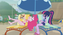 Size: 3410x1920 | Tagged: safe, screencap, feather bangs, pinkie pie, sci-twi, twilight sparkle, equestria girls, friendship math, g4, my little pony equestria girls: better together, bare shoulders, barefoot, beach, beach chair, book, chair, clothes, duo, duo female, feet, female, frown, geode of sugar bombs, geode of telekinesis, glasses, high res, jewelry, magazine, magazine cover, magical geodes, necklace, one-piece swimsuit, open mouth, open smile, pinkie pie swimsuit, ponytail, sandals, schrödinger's pantsu, sci-twi swimsuit, sleeveless, smiling, soles, swimsuit, umbrella