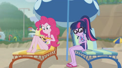 Size: 3410x1920 | Tagged: safe, screencap, pinkie pie, sci-twi, twilight sparkle, equestria girls, friendship math, g4, my little pony equestria girls: better together, bare shoulders, barefoot, beach, beach chair, book, chair, clothes, feet, female, geode of sugar bombs, geode of telekinesis, glasses, high res, jewelry, magazine, magazine cover, magical geodes, necklace, one-piece swimsuit, ponytail, sandals, sleeveless, smiling, swimsuit, umbrella