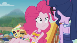 Size: 3410x1920 | Tagged: safe, screencap, pinkie pie, sci-twi, twilight sparkle, equestria girls, friendship math, g4, my little pony equestria girls: better together, arm rub, bare shoulders, bareback, beach, beach chair, book, chair, clothes, female, geode of sugar bombs, glasses, high res, jewelry, magazine, magazine cover, magical geodes, necklace, one-piece swimsuit, ponytail, sleeveless, swimsuit