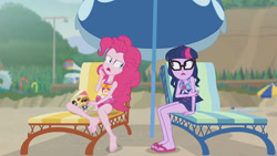Size: 3410x1920 | Tagged: safe, screencap, feather bangs, pinkie pie, sci-twi, twilight sparkle, equestria girls, friendship math, g4, my little pony equestria girls: better together, bare shoulders, barefoot, beach, beach chair, book, chair, clothes, duo, duo female, feet, female, frown, geode of sugar bombs, geode of telekinesis, glasses, high res, jewelry, magazine, magazine cover, magical geodes, necklace, one-piece swimsuit, open mouth, pinkie pie swimsuit, ponytail, sandals, sleeveless, swimsuit, thinking, umbrella