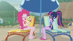 Size: 3410x1920 | Tagged: safe, screencap, pinkie pie, sci-twi, twilight sparkle, equestria girls, friendship math, g4, my little pony equestria girls: better together, bare shoulders, barefoot, beach, beach chair, book, chair, clothes, eyes closed, feet, female, geode of sugar bombs, geode of telekinesis, glasses, high res, jewelry, magazine, magazine cover, magical geodes, necklace, one-piece swimsuit, open mouth, ponytail, sandals, sleeveless, swimsuit, umbrella