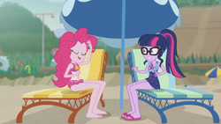 Size: 3410x1920 | Tagged: safe, screencap, pinkie pie, sci-twi, twilight sparkle, equestria girls, friendship math, g4, my little pony equestria girls: better together, bare shoulders, barefoot, beach, beach chair, chair, clothes, eyes closed, feet, female, geode of sugar bombs, geode of telekinesis, glasses, high res, jewelry, magical geodes, necklace, one-piece swimsuit, open mouth, ponytail, sandals, sleeveless, swimsuit, umbrella, we've flunked