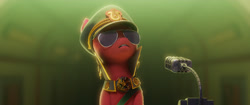 Size: 4093x1714 | Tagged: safe, screencap, sprout cloverleaf, earth pony, pony, g5, my little pony: a new generation, official, spoiler:my little pony: a new generation, 3d, dictator, emperor sprout, hat, male, microphone, solo, stallion, sunglasses