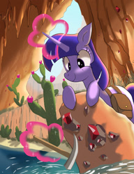 Size: 2480x3221 | Tagged: safe, artist:neoshrek, twilight sparkle, pony, unicorn, g4, bag, cactus, cave, crystal, glowing, glowing horn, high res, horn, magic, magic aura, mining, pickaxe, saddle bag, smiling, solo, telekinesis, unicorn twilight