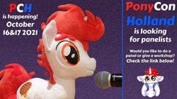 Size: 1280x720 | Tagged: safe, oc, oc:stroopwafeltje, pony, unicorn, irl, mascot, microphone, photo, plushie, ponycon holland, text