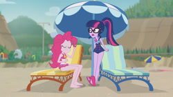 Size: 3410x1920 | Tagged: safe, screencap, pinkie pie, sci-twi, twilight sparkle, equestria girls, friendship math, g4, my little pony equestria girls: better together, bare shoulders, barefoot, beach, beach chair, chair, clothes, eyes closed, feet, female, flunked?!, geode of sugar bombs, geode of telekinesis, glasses, high res, jewelry, magical geodes, necklace, one-piece swimsuit, open mouth, ponytail, sandals, shocked, sleeveless, smiling, swimsuit, umbrella, wide eyes