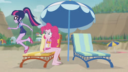 Size: 3410x1920 | Tagged: safe, screencap, pinkie pie, sci-twi, twilight sparkle, equestria girls, equestria girls series, friendship math, g4, bare shoulders, barefoot, beach, beach chair, chair, clothes, feet, female, geode of sugar bombs, geode of telekinesis, glasses, high res, jewelry, magical geodes, necklace, one-piece swimsuit, ponytail, sandals, sleeveless, swimsuit, umbrella