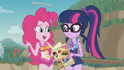 Size: 3410x1920 | Tagged: safe, screencap, pinkie pie, sci-twi, twilight sparkle, equestria girls, equestria girls series, friendship math, g4, bare shoulders, beach, book, clothes, female, geode of sugar bombs, geode of telekinesis, glasses, high res, jewelry, magazine, magazine cover, magical geodes, necklace, one-piece swimsuit, open mouth, ponytail, sleeveless, swimsuit