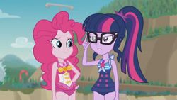 Size: 3410x1920 | Tagged: safe, screencap, pinkie pie, sci-twi, twilight sparkle, equestria girls, equestria girls series, friendship math, g4, adjusting glasses, bare shoulders, beach, clothes, female, geode of sugar bombs, geode of telekinesis, glasses, high res, jewelry, magical geodes, necklace, one-piece swimsuit, ponytail, sleeveless, smiling, swimsuit