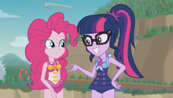 Size: 3410x1920 | Tagged: safe, screencap, pinkie pie, sci-twi, twilight sparkle, equestria girls, equestria girls series, friendship math, g4, bare shoulders, beach, clothes, female, geode of sugar bombs, geode of telekinesis, glasses, grin, high res, jewelry, legs together, magical geodes, necklace, one-piece swimsuit, pinkie pie swimsuit, ponytail, sci-twi swimsuit, sleeveless, smiling, swimsuit