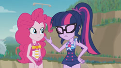 Size: 3410x1920 | Tagged: safe, screencap, pinkie pie, sci-twi, twilight sparkle, equestria girls, friendship math, g4, my little pony equestria girls: better together, bare shoulders, beach, clothes, eyes closed, female, geode of sugar bombs, geode of telekinesis, glasses, high res, jewelry, lip bite, magical geodes, necklace, one-piece swimsuit, ponytail, sleeveless, smiling, swimsuit