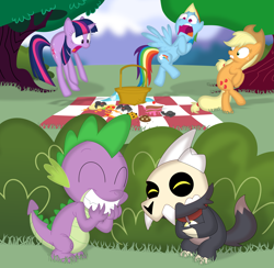 Size: 3549x3461 | Tagged: safe, artist:porygon2z, applejack, rainbow dash, spike, twilight sparkle, dragon, earth pony, pegasus, pony, spider, titan, unicorn, g4, basket, broken horn, collar, crossover, eyes closed, grin, high res, horn, king clawthorne, movie accurate, open mouth, pet tag, picnic, picnic basket, picnic blanket, prank, pranked, scared, skull, smiling, snickering, the owl house, tree, unicorn twilight