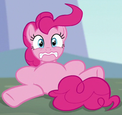 Size: 398x378 | Tagged: safe, artist:luckreza8, screencap, pinkie pie, earth pony, pony, g4, season 5, the one where pinkie pie knows, belly, cropped, featureless crotch, female, frown, gritted teeth, lying down, mare, reaction image, solo, tripping, wavy mouth