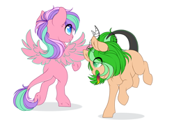 Size: 1280x896 | Tagged: safe, alternate version, artist:schokocream, oc, oc only, pegasus, pony, colored, duo, eyelashes, female, mare, pegasus oc, rearing, wings