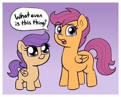 Size: 2382x1922 | Tagged: safe, artist:heretichesh, scootaloo, pegasus, pony, g4, cute, cutealoo, duo, female, filfil, filly, gradient background, looking at you, smol, speech bubble, talking to viewer