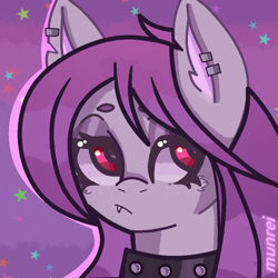 Size: 1000x1000 | Tagged: safe, artist:munrei, oc, oc only, oc:purple fullmoon, pony, avatar, bust, collar, ear piercing, earring, fangs, jewelry, piercing, portrait, red eyes, solo