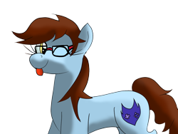 Size: 1024x768 | Tagged: safe, artist:tranzmuteproductions, oc, oc only, earth pony, pony, :p, brown mane, earth pony oc, eyelashes, female, glasses, mare, one eye closed, simple background, smiling, solo, tail, tongue out, transparent background, yellow eyes