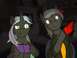 Size: 1024x768 | Tagged: safe, artist:tranzmuteproductions, oc, oc only, oc:tranzmute, bat pony, changeling queen, pony, bat pony oc, bust, changeling queen oc, clothes, controller, cross-popping veins, duo, female, jewelry, male, necklace, necktie, pearl necklace, tongue out, unshorn fetlocks