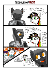 Size: 2039x2894 | Tagged: safe, artist:tranzmuteproductions, oc, oc only, oc:lightning bliss, oc:tranzmute, alicorn, bat pony, pony, alicorn oc, bat pony oc, comic, dialogue, female, grin, high res, horn, male, mare, multicolored hair, rainbow hair, smiling, stallion, wide eyes, wings