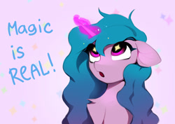 Size: 2196x1554 | Tagged: safe, artist:vensual99, izzy moonbow, pony, unicorn, g5, :o, bust, chest fluff, dialogue, female, floppy ears, glowing, glowing horn, horn, mare, open mouth, portrait, solo, starry eyes, wingding eyes