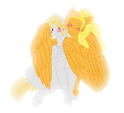 Size: 1364x1244 | Tagged: safe, artist:dr4m4-qu33n, oc, oc only, oc:morning glory, oc:quicksilver, pegasus, pony, blushing, chest fluff, eyes closed, female, hug, hug from behind, lesbian, mare, oc x oc, offspring, parent:lightning dust, parent:thunderlane, parents:thunderdust, pegasus oc, shipping, simple background, smiling, white background, winghug, wings