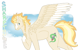 Size: 1316x844 | Tagged: safe, artist:dr4m4-qu33n, oc, oc only, pegasus, pony, snake, braid, colored wings, female, hoof on chest, mare, offspring, parent:silver shill, parent:spitfire, pegasus oc, simple background, solo, story included, sword, transparent background, two toned wings, weapon, wings