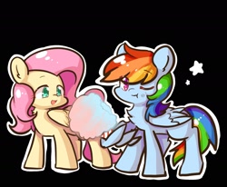 Size: 2119x1750 | Tagged: safe, artist:yilo, fluttershy, rainbow dash, pegasus, pony, g4, :t, black background, chest fluff, cotton candy, duo, duo female, eye clipping through hair, eyebrows, eyebrows visible through hair, female, folded wings, food, mare, multicolored hair, one eye closed, open mouth, open smile, outline, pink mane, rainbow hair, simple background, smiling, standing, stars, white outline, wing hands, wings