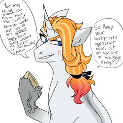 Size: 3000x3000 | Tagged: safe, artist:gingygin, oc, oc only, oc:snippet, frog, pony, unicorn, angry, bust, cross-popping veins, dialogue, gradient legs, hair tie, high res, male, offspring, parent:big macintosh, parent:rarity, parents:rarimac, sidemouth, simple background, solo, speech bubble, stallion, unshorn fetlocks, white background