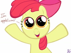 Size: 1024x768 | Tagged: safe, artist:gissele365, apple bloom, earth pony, pony, g4, adorabloom, apple bloom's bow, bow, bust, cute, female, filly, front view, hair bow, looking at you, open mouth, open smile, orange eyes, red mane, signature, simple background, smiling, solo, text, white background