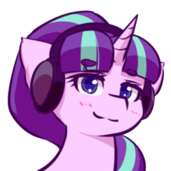 Size: 512x512 | Tagged: safe, alternate version, artist:ninebuttom, starlight glimmer, pony, unicorn, g4, animated, beanbrows, blushing, bust, eyebrows, eyebrows visible through hair, female, gif, headbob, headphones, horn, loop, mare, outline, portrait, s5 starlight, simple background, smiling, solo, transparent background, vibing, white outline