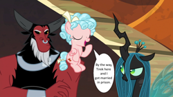 Size: 1280x720 | Tagged: safe, edit, edited screencap, screencap, cozy glow, lord tirek, queen chrysalis, centaur, changeling, changeling queen, pegasus, pony, taur, g4, the beginning of the end, dialogue, eyes closed, female, filly, folded wings, freckles, horn, horns, implied marriage, male, married, nose piercing, nose ring, open mouth, piercing, septum piercing, ship:cozirek, shipping, sitting, speech bubble, straight, wings
