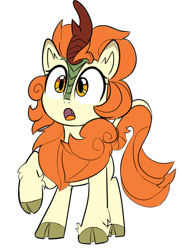 Size: 800x1100 | Tagged: safe, artist:icey, autumn blaze, kirin, g4, :o, fangs, female, open mouth, quadrupedal, raised hoof, simple background, snaggletooth, solo, white background