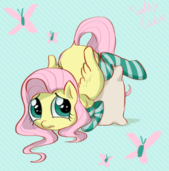 Size: 1218x1234 | Tagged: safe, artist:saltycube, derpibooru exclusive, fluttershy, butterfly, pegasus, pony, g4, abstract background, ass up, clothes, cute, female, mare, pillow, shyabetes, socks, solo, striped socks, wings
