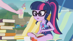Size: 3410x1920 | Tagged: safe, screencap, pinkie pie, sci-twi, twilight sparkle, equestria girls, friendship math, g4, my little pony equestria girls: better together, bare shoulders, beach, beach chair, chair, clothes, female, food, geode of telekinesis, glasses, high res, jewelry, juice, lemonade, magical geodes, necklace, offscreen character, one-piece swimsuit, open mouth, ponytail, sleeveless, solo focus, swimsuit
