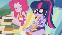 Size: 3410x1920 | Tagged: safe, screencap, pinkie pie, sci-twi, twilight sparkle, equestria girls, friendship math, g4, my little pony equestria girls: better together, bare shoulders, beach, beach chair, chair, clothes, drinking, eyes closed, female, geode of sugar bombs, geode of telekinesis, glasses, high res, jewelry, juice, lemonade, magical geodes, necklace, now where was i? oh yeah, one-piece swimsuit, ponytail, sleeveless, swimsuit