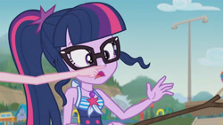 Size: 3410x1920 | Tagged: safe, screencap, pinkie pie, sci-twi, twilight sparkle, equestria girls, friendship math, g4, my little pony equestria girls: better together, bare shoulders, beach, boop, clothes, female, geode of telekinesis, glasses, high res, jewelry, magical geodes, necklace, offscreen character, one-piece swimsuit, open mouth, ponytail, sleeveless, solo focus, sunscreen, swimsuit