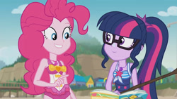 Size: 3410x1920 | Tagged: safe, screencap, pinkie pie, sci-twi, twilight sparkle, equestria girls, friendship math, g4, my little pony equestria girls: better together, bare shoulders, beach, book, clothes, cute, diapinkes, duo, duo female, female, geode of sugar bombs, geode of telekinesis, glasses, grin, high res, jewelry, magical geodes, necklace, one-piece swimsuit, pinkie pie swimsuit, ponytail, sci-twi swimsuit, sleeveless, smiling, sunscreen, swimsuit, twiabetes