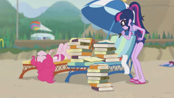 Size: 3410x1920 | Tagged: safe, screencap, pinkie pie, sci-twi, twilight sparkle, equestria girls, friendship math, g4, my little pony equestria girls: better together, bare shoulders, beach, beach chair, book, chair, clothes, duo, duo female, eyes closed, female, geode of telekinesis, glasses, high res, jewelry, magical geodes, necklace, one-piece swimsuit, pinkie pie swimsuit, ponytail, sci-twi swimsuit, sleeveless, stick, swimsuit, umbrella