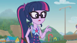 Size: 3410x1920 | Tagged: safe, screencap, sci-twi, twilight sparkle, equestria girls, friendship math, g4, my little pony equestria girls: better together, bare shoulders, beach, clothes, female, geode of telekinesis, glasses, high res, jewelry, magical geodes, necklace, one-piece swimsuit, open mouth, ponytail, sci-twi swimsuit, sleeveless, solo, swimsuit