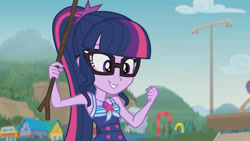 Size: 3410x1920 | Tagged: safe, screencap, sci-twi, twilight sparkle, equestria girls, friendship math, g4, my little pony equestria girls: better together, bare shoulders, beach, clothes, female, geode of telekinesis, glasses, high res, jewelry, magical geodes, necklace, one-piece swimsuit, ponytail, sci-twi swimsuit, sleeveless, smiling, solo, swimsuit