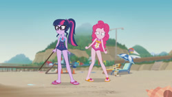 Size: 3410x1920 | Tagged: safe, screencap, pinkie pie, sci-twi, twilight sparkle, equestria girls, friendship math, g4, my little pony equestria girls: better together, bare shoulders, beach, beach chair, chair, clothes, female, geode of sugar bombs, geode of telekinesis, glasses, high res, jewelry, magical geodes, necklace, one-piece swimsuit, pinkie pie swimsuit, ponytail, sandals, sci-twi swimsuit, sleeveless, smiling, stick, swimsuit