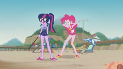 Size: 3410x1920 | Tagged: safe, screencap, pinkie pie, sci-twi, twilight sparkle, equestria girls, friendship math, g4, my little pony equestria girls: better together, bare shoulders, beach, beach chair, chair, clothes, female, geode of sugar bombs, geode of telekinesis, glasses, high res, jewelry, magical geodes, necklace, one-piece swimsuit, open mouth, pinkie pie swimsuit, ponytail, sandals, sci-twi swimsuit, sleeveless, swimsuit