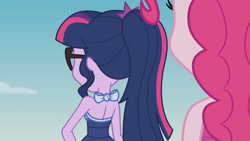 Size: 3410x1920 | Tagged: safe, screencap, pinkie pie, sci-twi, twilight sparkle, equestria girls, equestria girls specials, friendship math, g4, my little pony equestria girls: better together, my little pony equestria girls: forgotten friendship, bare shoulders, bareback, beach, clothes, duo, duo female, female, glasses, high res, jewelry, one-piece swimsuit, ponytail, sci-twi swimsuit, sleeveless, swimsuit