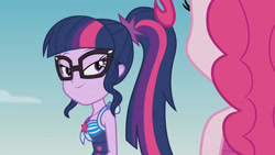 Size: 3410x1920 | Tagged: safe, screencap, pinkie pie, sci-twi, twilight sparkle, equestria girls, friendship math, g4, my little pony equestria girls: better together, >:), bare shoulders, beach, clothes, cute, evil grin, female, geode of telekinesis, glasses, high res, jewelry, magical geodes, necklace, one-piece swimsuit, out of context, ponytail, sky, sleeveless, smiling, smirk, solo focus, swimsuit, twiabetes