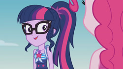 Size: 3410x1920 | Tagged: safe, screencap, pinkie pie, sci-twi, twilight sparkle, equestria girls, friendship math, g4, my little pony equestria girls: better together, bare shoulders, beach, clothes, cute, duo, duo female, female, geode of telekinesis, glasses, high res, jewelry, magical geodes, necklace, one-piece swimsuit, open mouth, ponytail, sci-twi swimsuit, sci-twiabetes, sleeveless, swimsuit, twiabetes