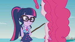 Size: 3410x1920 | Tagged: safe, screencap, pinkie pie, sci-twi, twilight sparkle, equestria girls, friendship math, g4, my little pony equestria girls: better together, bare shoulders, beach, clothes, duo, duo female, female, geode of telekinesis, glasses, high res, jewelry, magical geodes, necklace, one-piece swimsuit, pinkie pie swimsuit, ponytail, sci-twi swimsuit, sleeveless, smiling, swimsuit