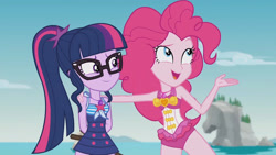 Size: 3410x1920 | Tagged: safe, screencap, pinkie pie, sci-twi, twilight sparkle, equestria girls, friendship math, g4, my little pony equestria girls: better together, bare shoulders, beach, clothes, duo, duo female, female, geode of sugar bombs, geode of telekinesis, glasses, high res, jewelry, magical geodes, necklace, one-piece swimsuit, open mouth, ponytail, sleeveless, smiling, swimsuit