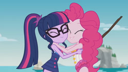 Size: 3410x1920 | Tagged: safe, screencap, pinkie pie, sci-twi, twilight sparkle, equestria girls, equestria girls series, friendship math, g4, bare shoulders, beach, cheek squish, clothes, cute, diapinkes, duo, duo female, eyes closed, female, geode of sugar bombs, geode of telekinesis, glasses, grin, high res, hug, jewelry, magical geodes, necklace, one-piece swimsuit, ponytail, sleeveless, smiling, squishy cheeks, swimsuit, twiabetes