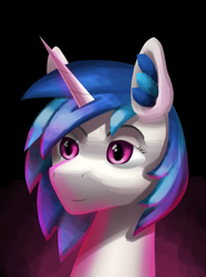 Size: 1000x1346 | Tagged: safe, artist:vezja, dj pon-3, vinyl scratch, pony, unicorn, g4, abstract background, bust, ear fluff, female, mare, portrait, simple background, solo